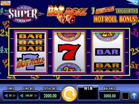 Main game board featuring three reels and 20 paylines with a $250,000 max payout