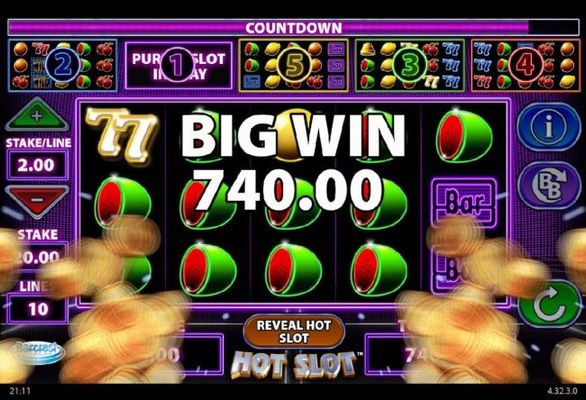 A 740.00 big win triggered by multiple winning paylines