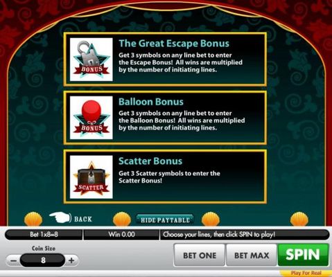 Game features include: The Great Escape Bonus, Balloon Bonus and Scatter Bonus