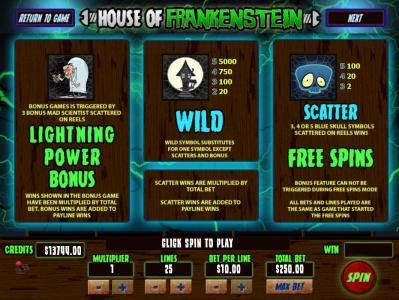 Lightning Power Bonus game is triggered by 3 Mad Scientist symbols. Wild symbol substitutes for one symbol except scatter and bonus. 3, 4 or 5 Blue Skull scatter symbols scattered on reels wins Free Spins.