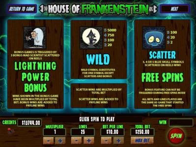 Lightning Power Bonus game is triggered by 3 Mad Scientist symbols. Wild symbol substitutes for one symbol except scatter and bonus. 3, 4 or 5 Blue Skull scatter symbols scattered on reels wins Free Spins.