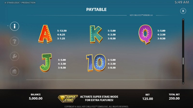 Low Value Symbols Paytable