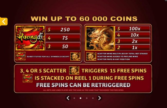 Win up to 60,000 coins. Wild and Scatter symbols paytable. 3, 4 or 5 scatter symbols triggers 15 free games that can be re-triggered.