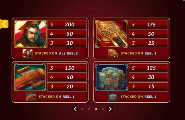 High value slot game symbols paytable featuring Asian inspired icons.