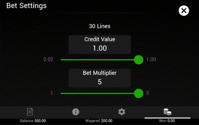 Click on the side menu button to adjust the coin value and bet multiplier.