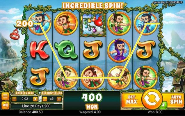 A pair of winlines triggers a 400 coin jackpot.