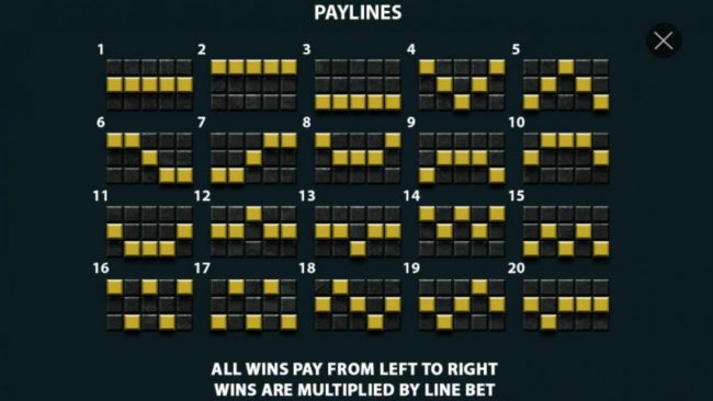 Payline Diagrams 1-20. All wins pay from left to right. Wins are multiplied by line bet.
