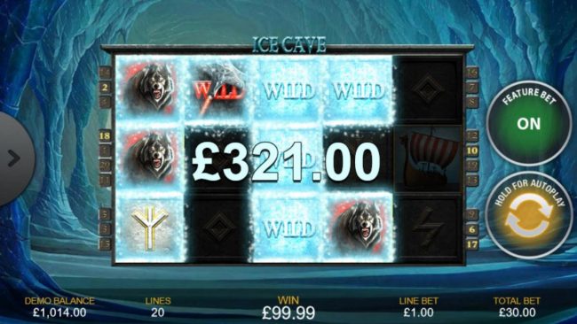 A 321.00 big win triggered triggered by multiple winning paylines. The Hammer Wild appearing will remove all frozen Ice Wilds from the reels after line wins have been paid out.