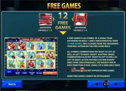 12 free games awarded when free game symbols appear anywhere on reels 1 and 5