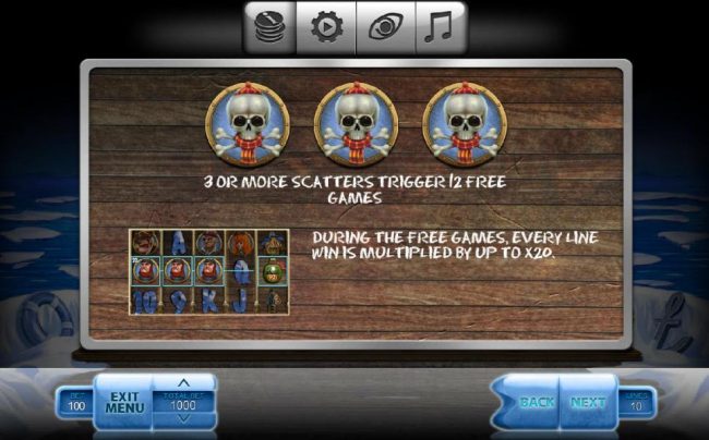 Three or more skull and crossed bones scatter symbols triggers 12 free games. During free games, every win is multiplied by up to x20.