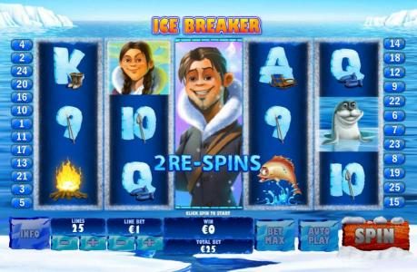 Ice Breaker feature triggered and 2 re-spins are awarded