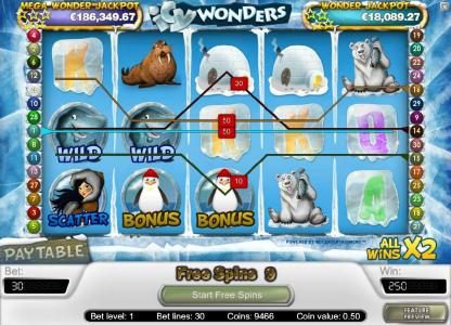 250 coin big win triggered by multiple winning paylines during the free spins feature