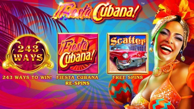 features include 243 ways to win! Fiesta Cubana Re-Spins! and Free Spins!