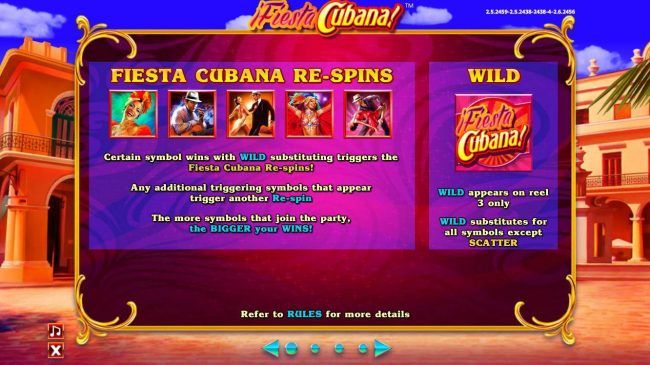 Certain symbol wins with WILD substituting triggers the Fiesta Cubana Re-Spins!