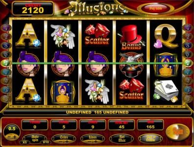 a winning payline and a pair of scatter symbols triggers a 165 coin jackpot