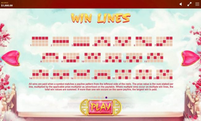 Payline Diagrams 1-20. All wins are paid when a symbol matches a payline pattern from the leftmost side of the reels.