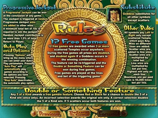 Free Games, Wild, Progressive Jackpot and General Game Rules.