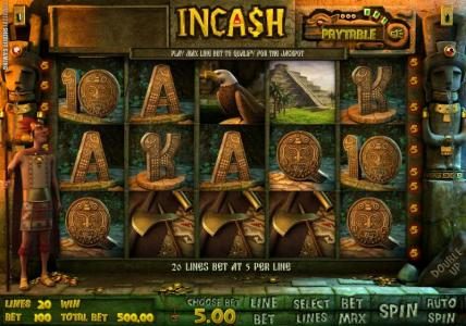 Main game board featuring five reels, twenty paylines and a double up feature.