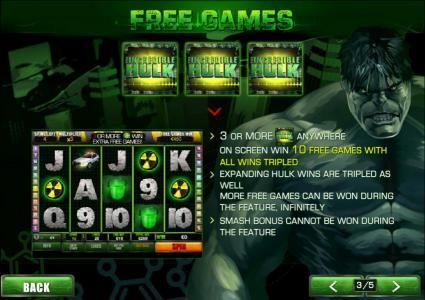 three or more incredible hulk symbols anywhere on screen triggers 10 free games