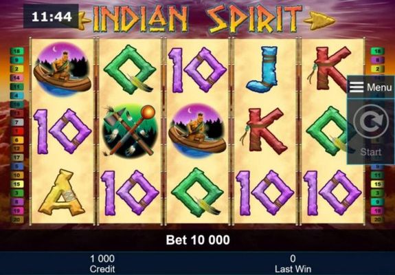 A native American Indian themed main game board featuring five reels and 20 paylines with a $500,000 max payout