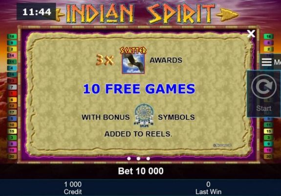 Three bald eagle scatter symbols awards 10 free games with bonus dream catcher symbols added to the reels.