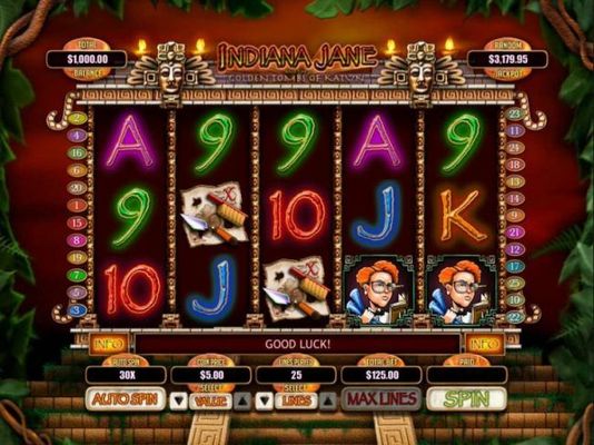 Main game board featuring five reels and 25 paylines with a $25,000 max payout