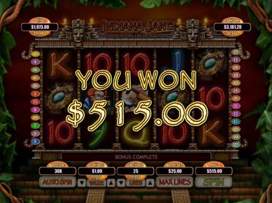The Secret Tomb Bonus feature pays out a total jackpot of 515.00 for a big win.