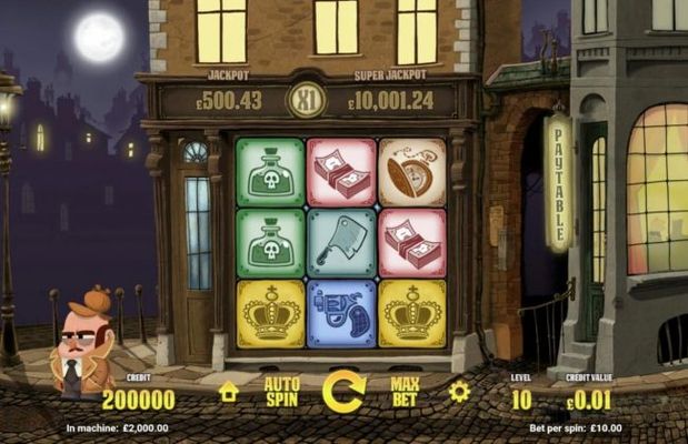 A crime detective themed main game board featuring three reels and 8 paylines with a progressive jackpot max payout