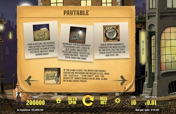 Case File, The Suspects, Stop Thief and Game Flash Bonus game rules.