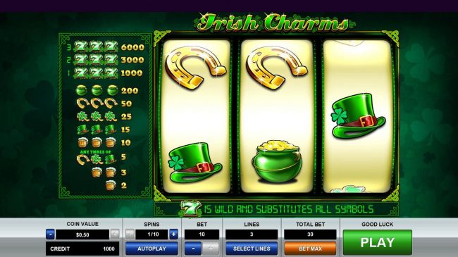 An Irish themed main game board featuring three reels and 3 paylines with a $35,000 max payout.