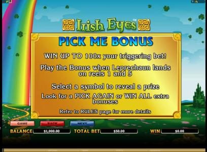 pick me bonus, win up to 100x your triggering bet