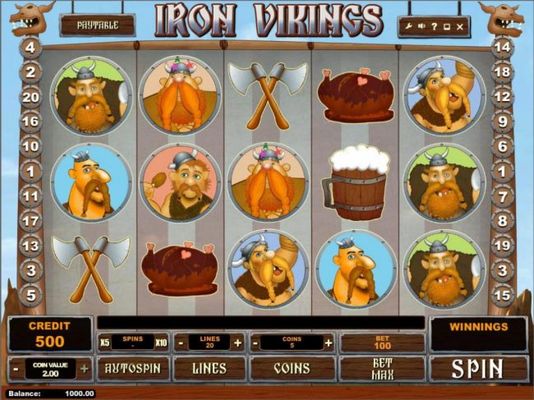 A Viking main game board featuring five reels and 20 paylines with a $250,000 max payout