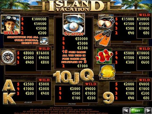 Slot game symbols paytable featuring underwater adventure inspired icons.
