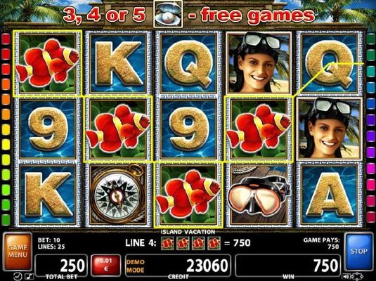 A Clown Fish four of a kind triggers a 750 credit jackpot win.