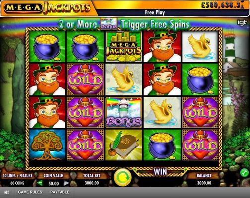 Main game board featuring five reels and 40 paylines with a progressive jackpot max payout