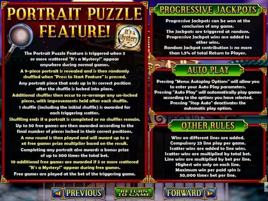 Portrait Puzzle Feature, Progressive Jackpot and General Game Rules.