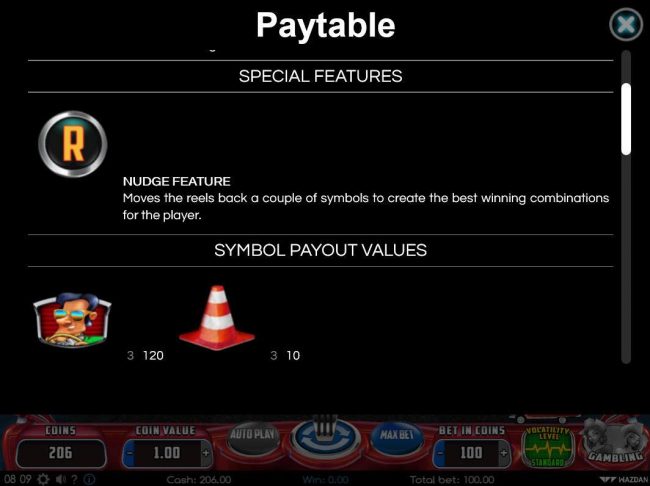 Nudge feature and paytable