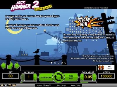 Jack Hammer 2 Fishy Business 3 or more free spin symbols triggers Sticky Win feature