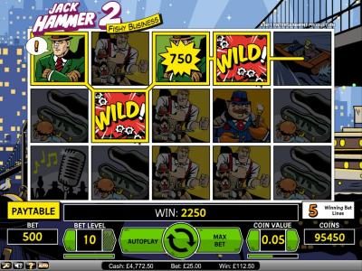 Jack Hammer 2 Fishy Business slot game big win 2250 coin payout