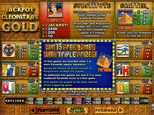 Slot game symbols paytable featuring ancient Egyptian themed icons.