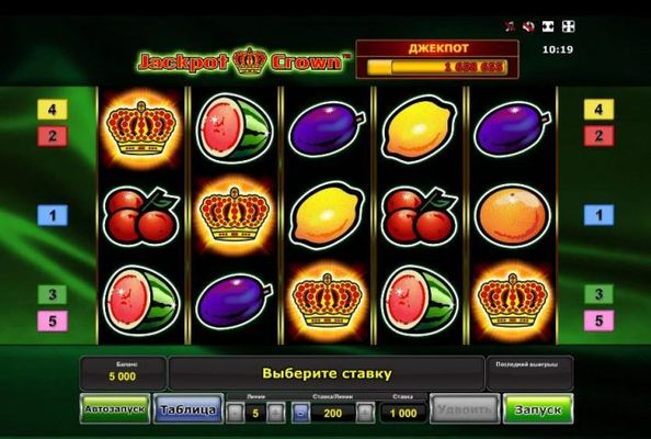 A fruit themed main game board featuring five reels and 5 paylines with a progressive jackpot max payout