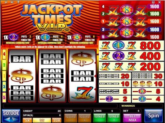A classice slot themed main game board featuring three reels and 5 paylines with a $80,000 max payout