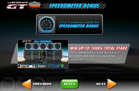 Speedometer symbol on reels 3, 4 and 5 scattered awards the Speedometer Bonus