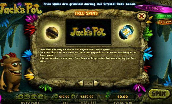 Free spins can only be won in the Crystal Rock Bonus game.