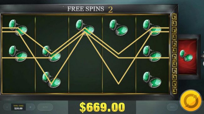 Jade earrings triggers a 669.00 jackpot awarded.