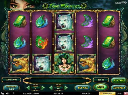 A mystical magician themed main game board featuring five reels and 15 paylines with a $3,125 max payout
