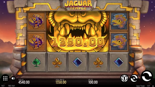 Multiple winning paylines triggered by giant 2x3 jaguar symbol