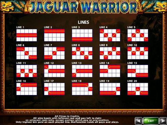 Payline Diagrams 1-20. All wins begin with the leftmost reel and pay left to right on adjacent reels only, except scatters which pay on any position.