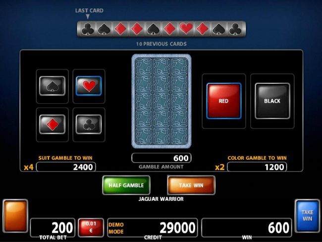 Double Up gamble feature is available after every winning spin. Select the correct color or suit for a chance to double your winnings.