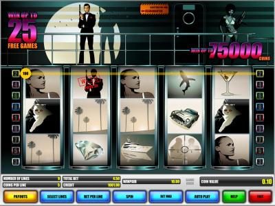main game board featuring five reels and nine paylines. Win up to 25 free games. Win upto 75000 coins.